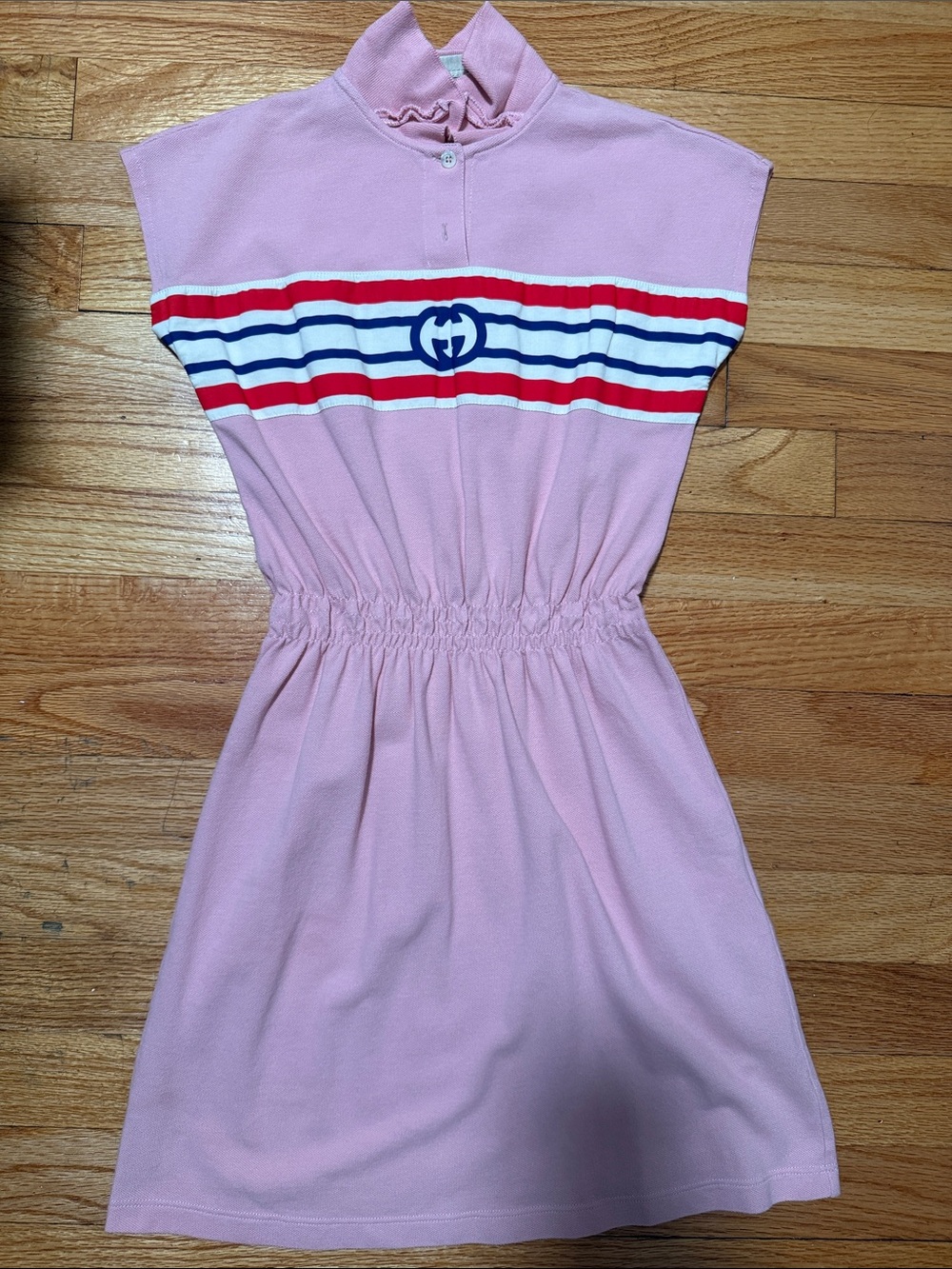 Gucci Kids Pink Logo Stripe Band Detail Stretch Knit Polo Dress Size 8